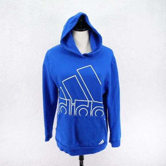 Adidas Boy's Hooded Pullover Sweater Blue‎ -Size XL 18- Pocket Cotton Polyester
