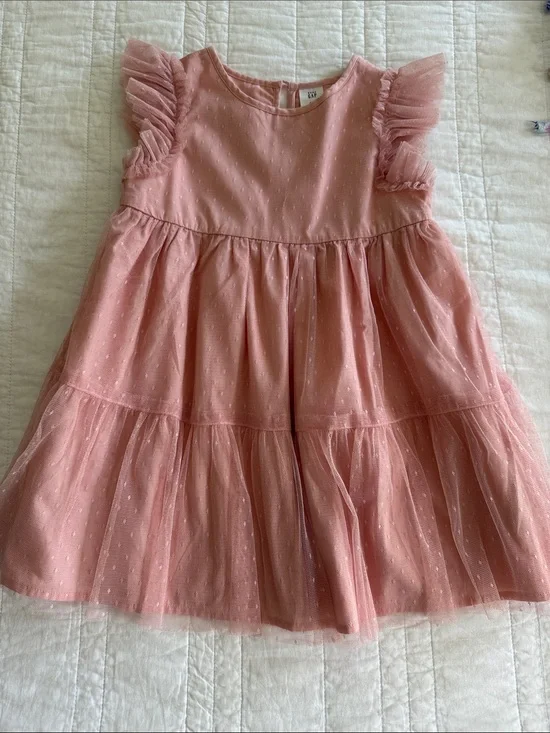 GAP Girls' Pink Tiered Tulle Dress with Ruffled Sleeves