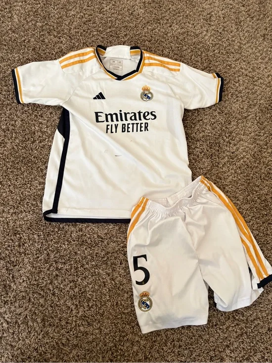 adidas White and Gold Real Madrid Kids Jersey & Shorts Set
