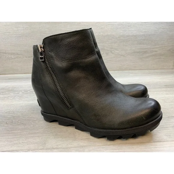 Sorel Joan of Arctic Wedge II Women's Zip Black Leather Ankle Boots 9 Shoes