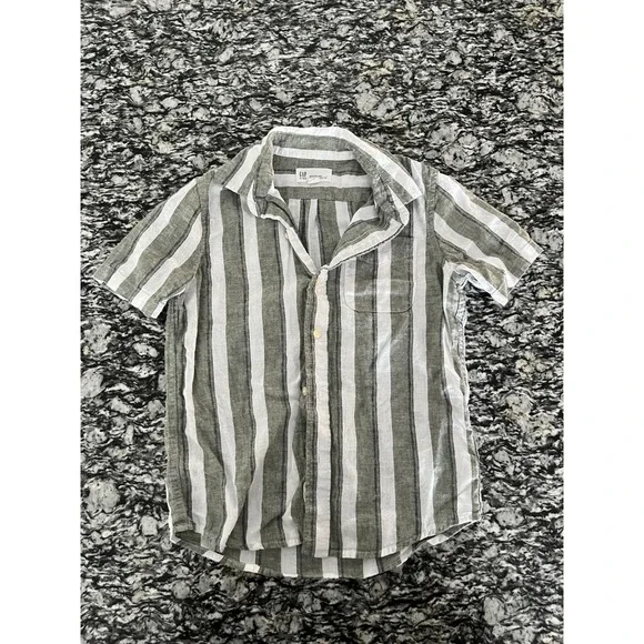 Gap Shirt Kids Small White‎ Green Striped Linen Back Box Relaxed Fit Button Up