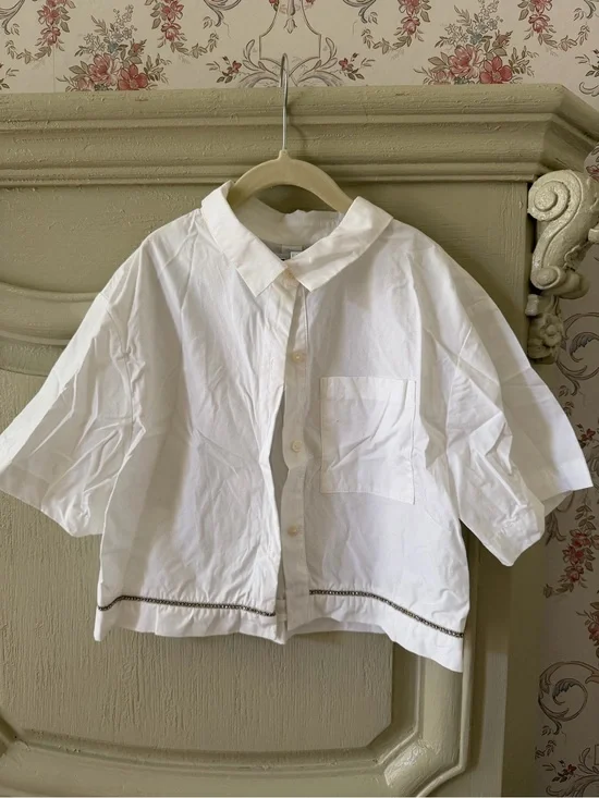 Zara White Short-Sleeve Button-Down Shirt with Trim