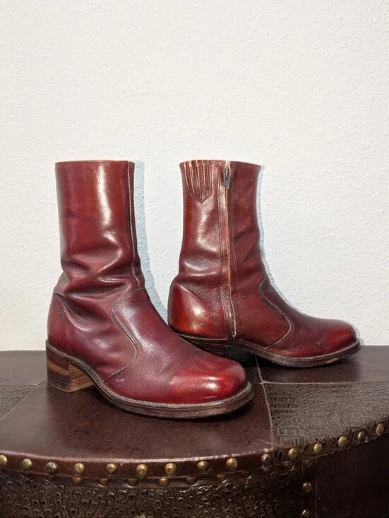VINTAGE 70's Campus Red Leather Square Toe Zip-Up Ankle Boots - Made in USA