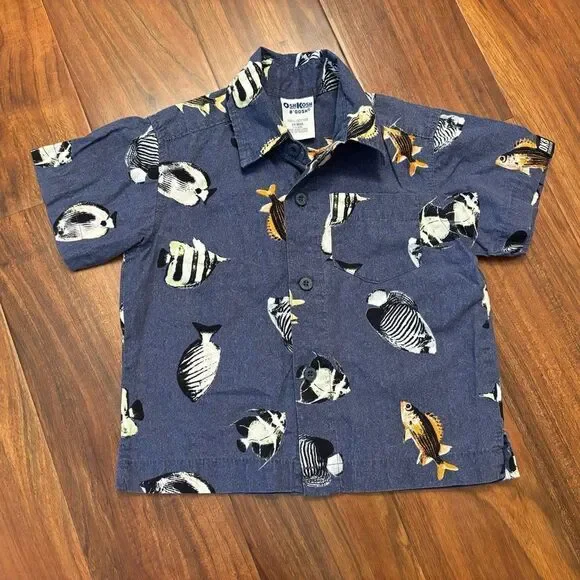 Osh Kosh B’Gosh vintage navy faded fish button down short sleeve collared shirt