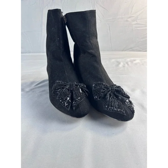 Zara Basic Blk Faux Suede Beaded Bow Ankle Boots Block Heel 6080/201/040 Size 37