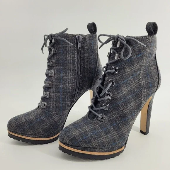 Gianni Bini Tosti Grey Plaid Lace Up Stiletto Platform Ankle Boots Womens 7M