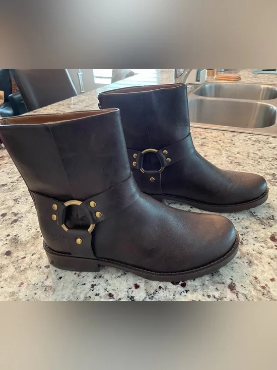 FRYE AND CO. Women's Dark Brown Leather Harness Ankle Boots