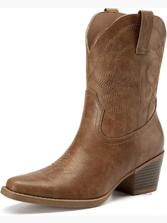 Square Toe Low Chunky Heel Embroidered Western Ankle Boots
