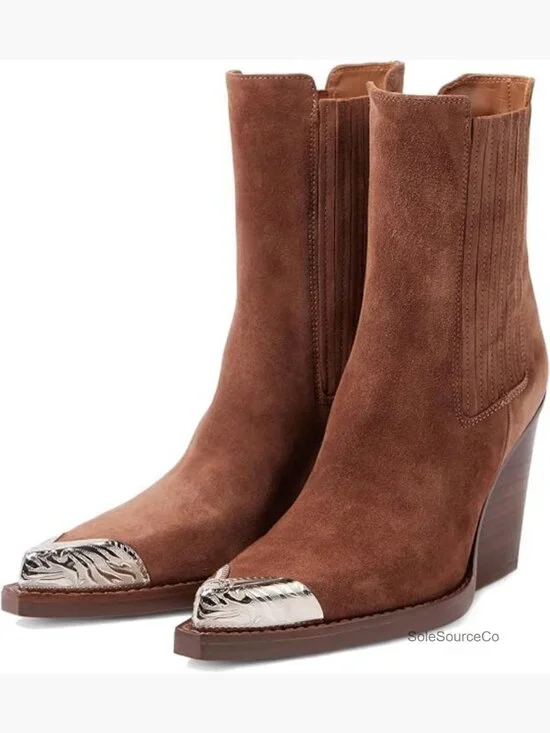Suede Western Cowboy Boots Pointed Toe Stacked Block Heel Cowgirl Ankle Booties