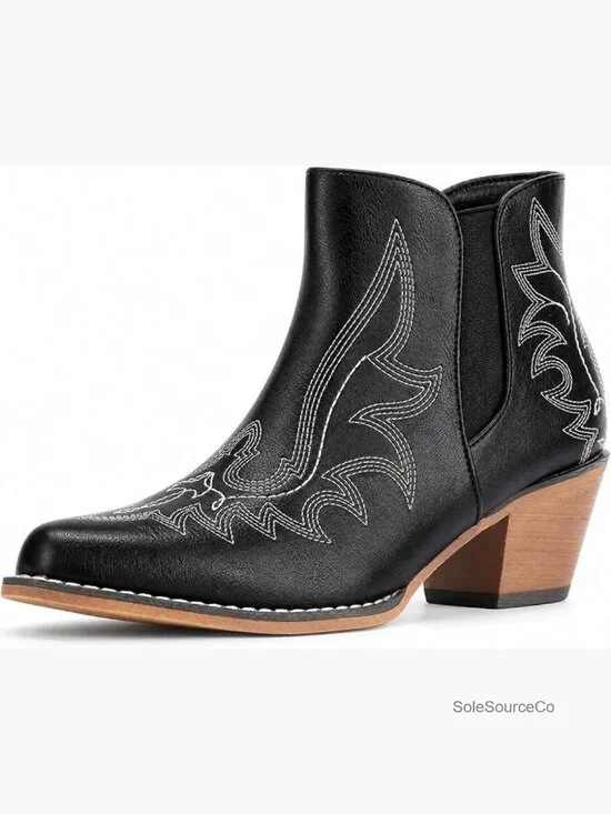 Embroidered Snip Toe Cowboy Booties Chunky Heel Western Ankle Boots