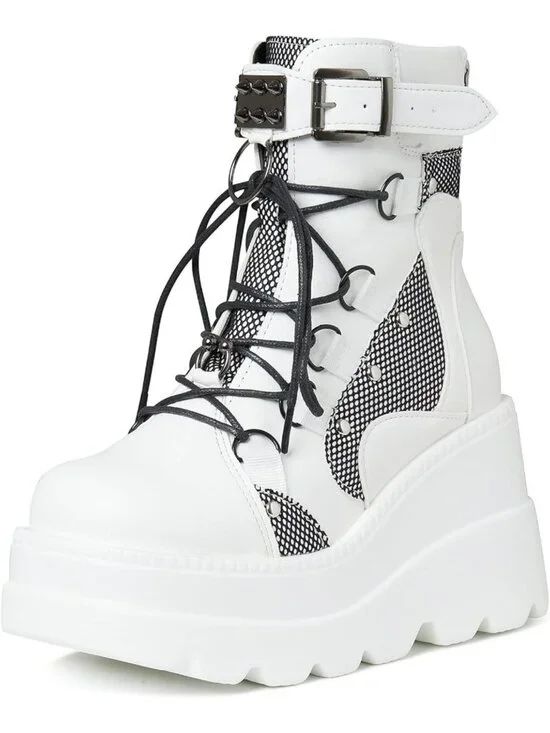 Women's White Polyurethane Platform Chunky Stylish Lace Up Round Toe Ankle Boots