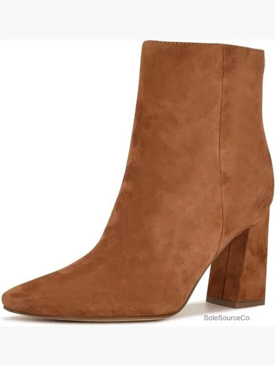 Ankle Bootie with Block Heel and Snip Toe Zip Closure Suede
