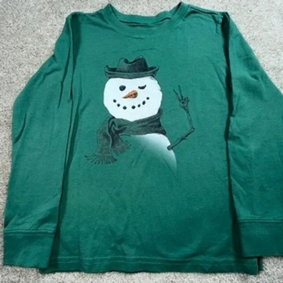 Life Is Good Kids Crusher Long Sleeve Green Snowman Cowboy Hat Peace Sign Tee M