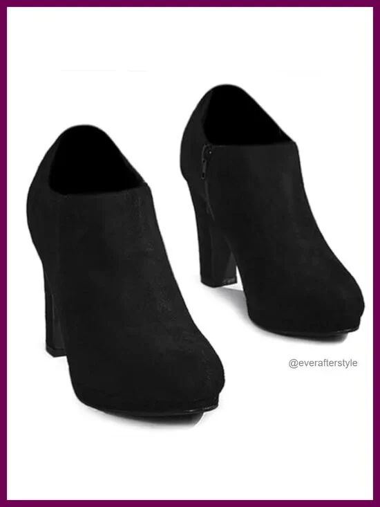 Round Toe Platform Block Heel Ankle Booties, Faux Suede, Side Zip