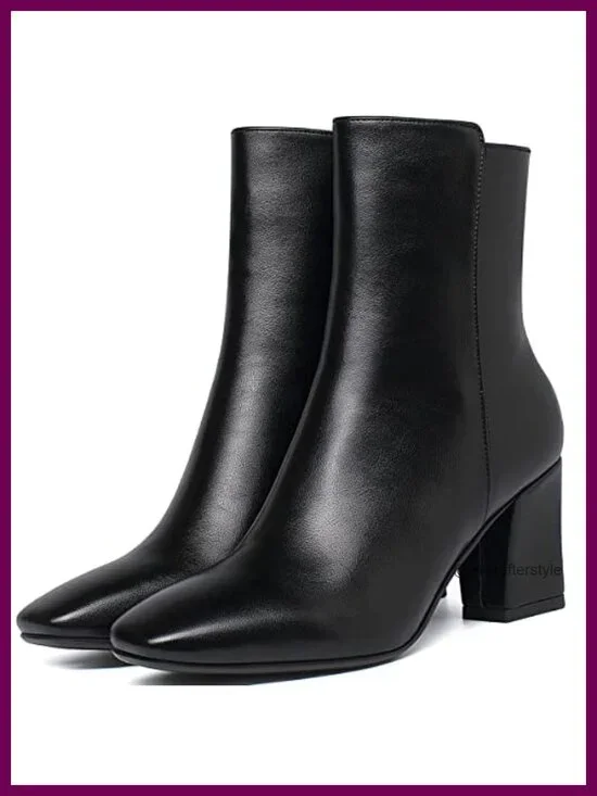 Chunky Block Heel Booties Zip Up Square Toe Ankle Boots