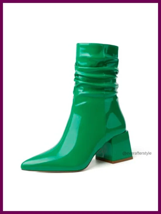 Faux Patent Leather Pointed Toe Ankle Boots Chunky Block Heel Booties Side