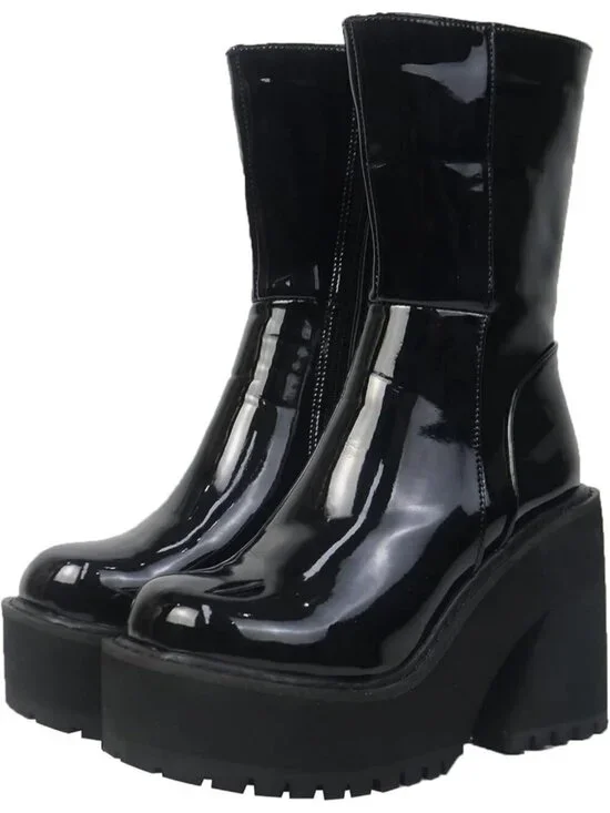 Womens Black Rubber Wedge Heel Platform Mid Calf Zipper Round Toe Ankle Boots