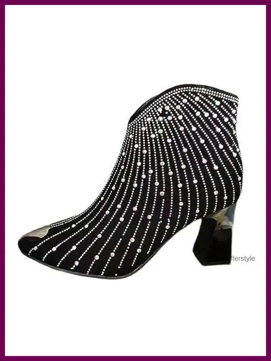 Women's Rhinestone Pointed Toe Chunky Heel Booties with Side Zipper