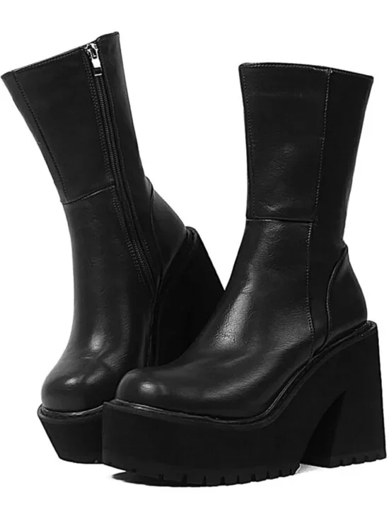 Womens Black Rubber Wedge Heel Platform Mid Calf Zipper Round Toe Ankle Boots