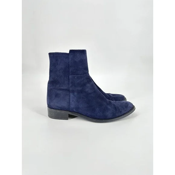 Stuart Weitzman 5050 Navy Blue Suede Ankle Boots 10M Low Block Heel Made Spain