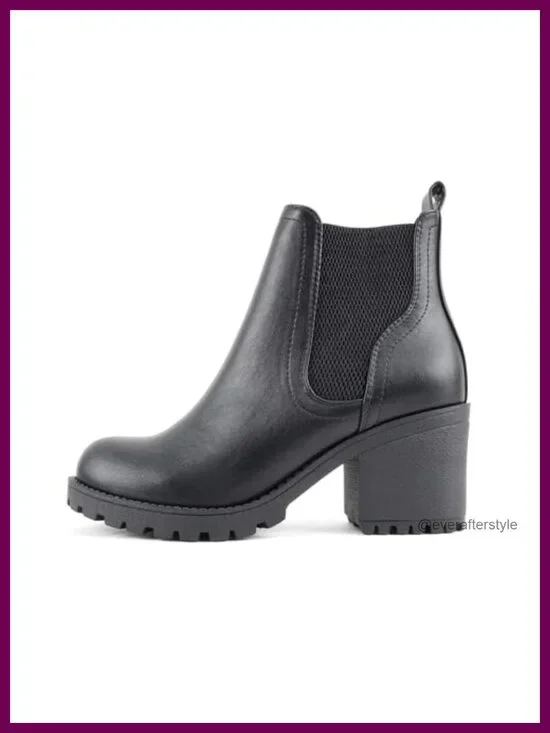 Lug Sole Mid Heel Chelsea Fashion Ankle Boot Double Elastic Gore