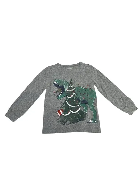 Carter’s Dinosaur Christmas T Rex Gray Long Sleeve Shirt Toddler Boys 4T