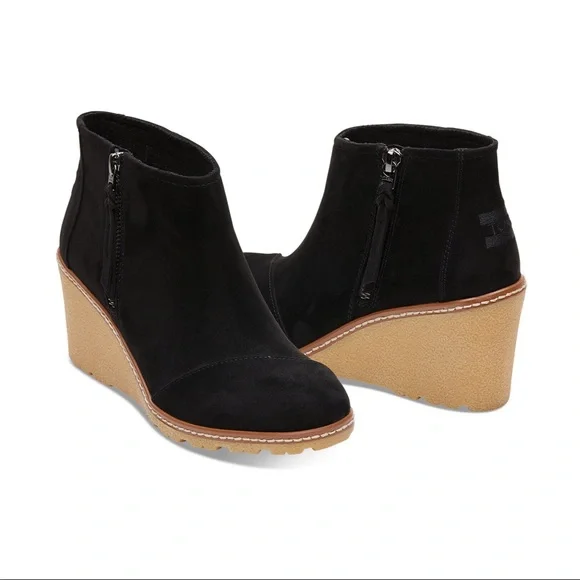 Toms Black Suede Wedge Ankle Boots with Tan Wedge