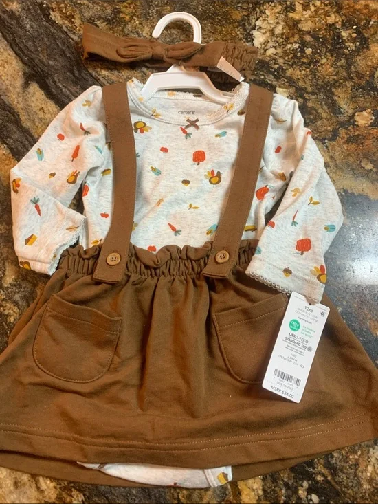 Carter's Brown Suspender Skirt and Floral Top Set with Headband
