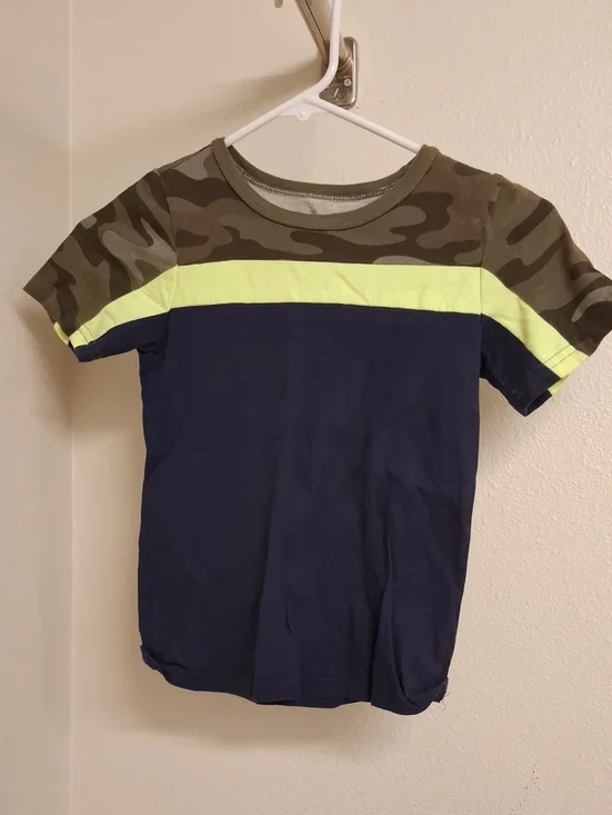 Carter's Navy Tee with Camo Shoulders and Neon Yellow Stripe