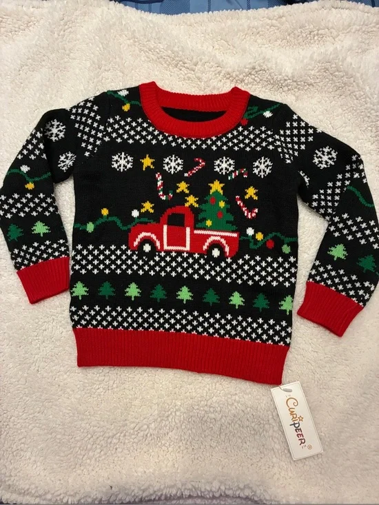 NWT Kids Black Ugly Christmas Sweater with Red Truck and Tree size 4T