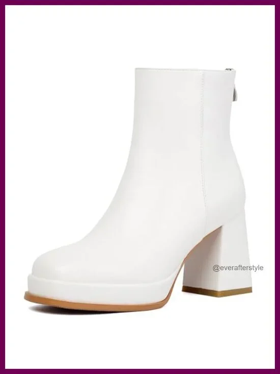 Chunky High Heel Ankle Boots Square Toe Zip Booties