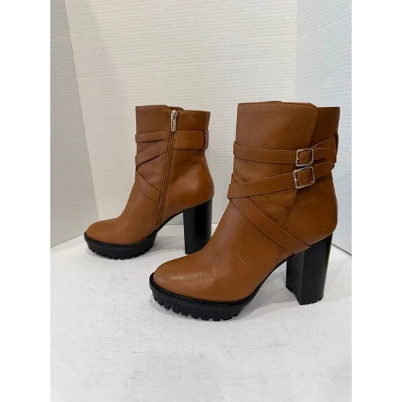 Vince Camuto Brown Buckle Strap Lug Sole Platform Block Heel Zip Ankle Boots 10M