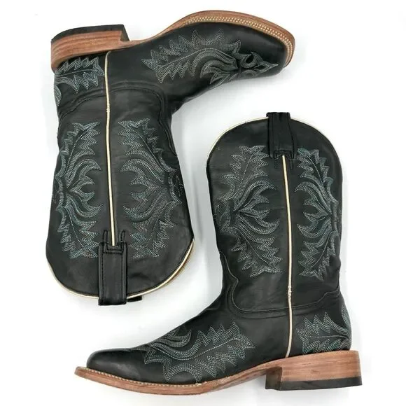 Stetson Black Leather Western Cowboy Boots Women’s US 8 Blue Embroidered Square