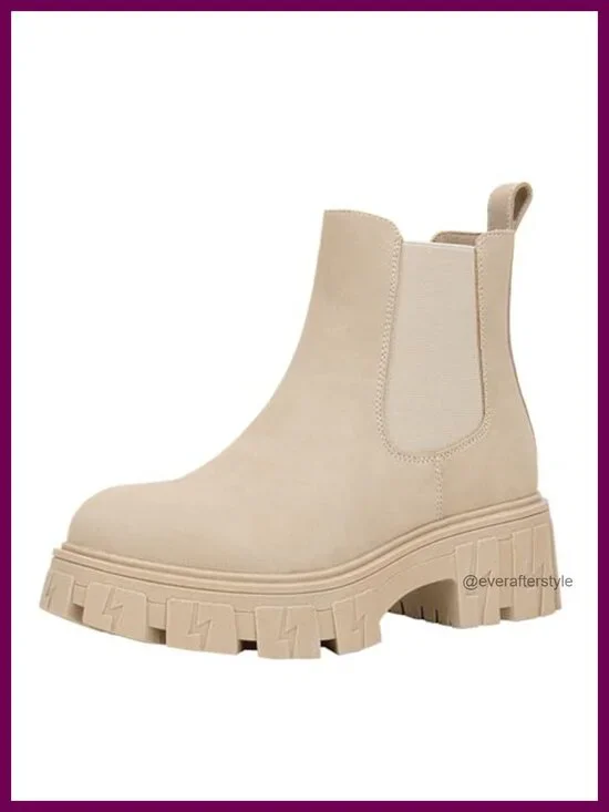 Chelsea Combat Boots Platform Ankle Boots Chunky Heel Lug Sole Slip On Elastic