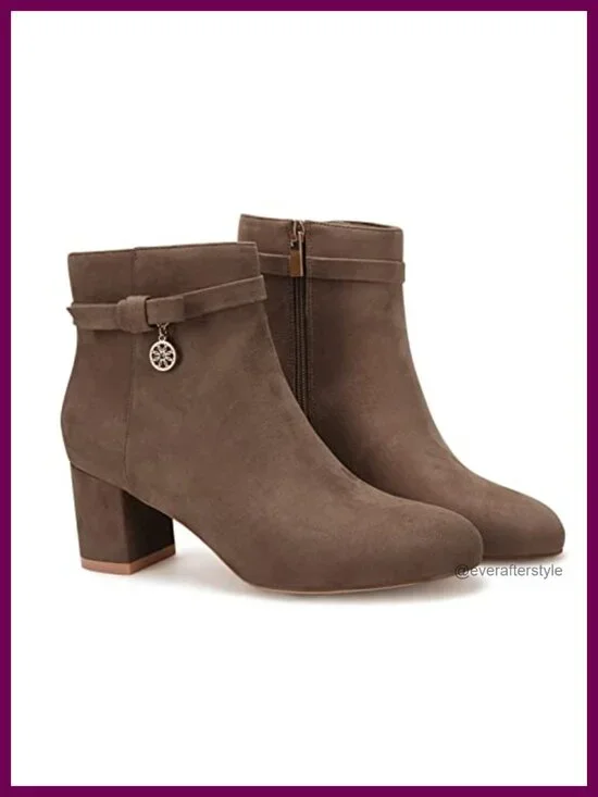 Women's Ankle Boots Chunky Block Low Heel Tie Knot Side Zipper Suede