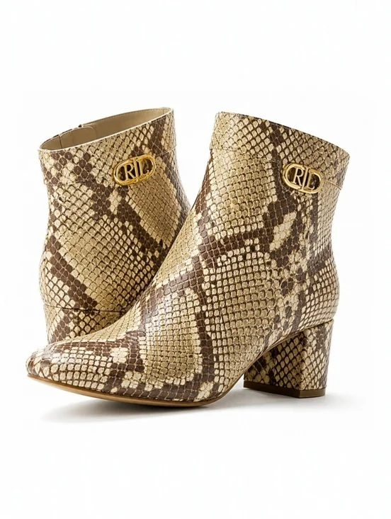 Ralph Lauren Wynne II Snake Print Leather Ankle Boots 10B Python Block Heel NIB