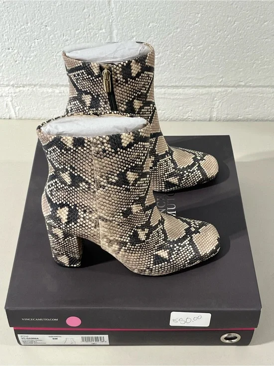Vince Camuto Snake-Print Ankle Booties in Beige and Black
