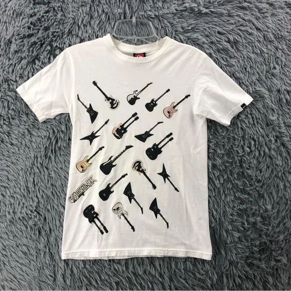 Quicksilver Tshirt Boys Small Spellout Guitars White Short Sleeve Shirt