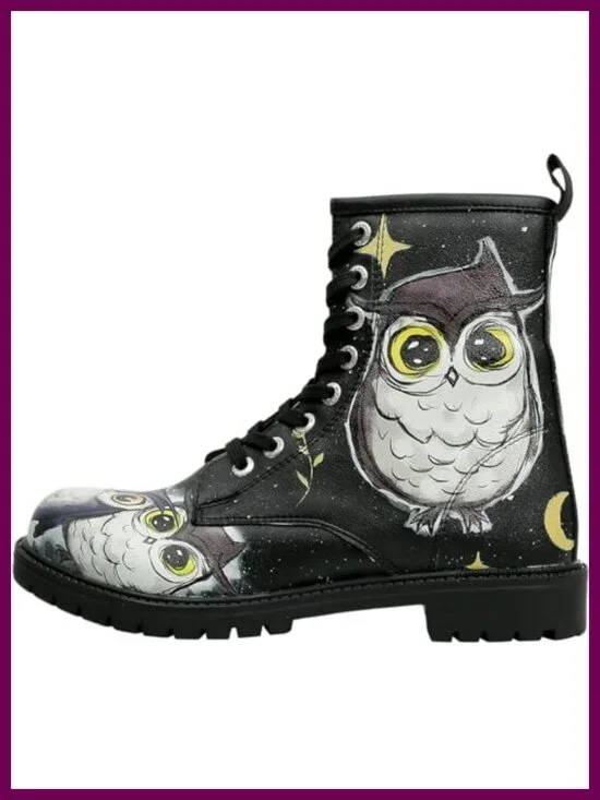 Vegan Leather Long Boots with Owl Print, Low Heel Ankle Booties, Water