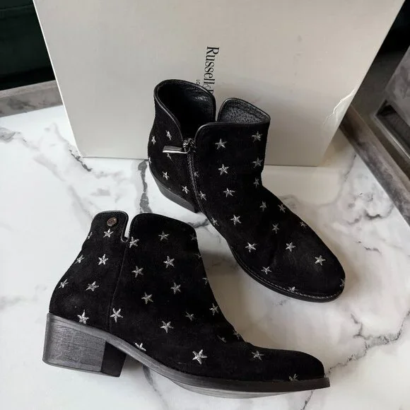 Russell & Bromley Star Embroidered Black Suede Western Ankle Boots