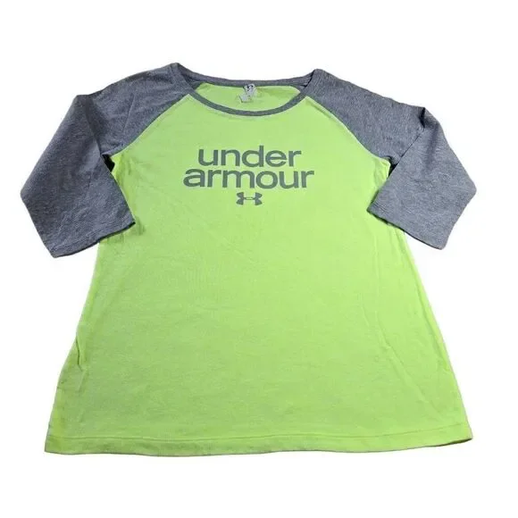 Under Armour Heat Gear Girls Youth 3/4 Sleeve Neon/Black T-Shirt Loose Sz. L