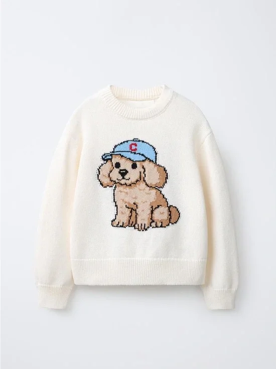 ZARA Girls Dog Knit Sweater Cream Size 9-10Y 140 Cute Puppy Graphic Pullover NWT