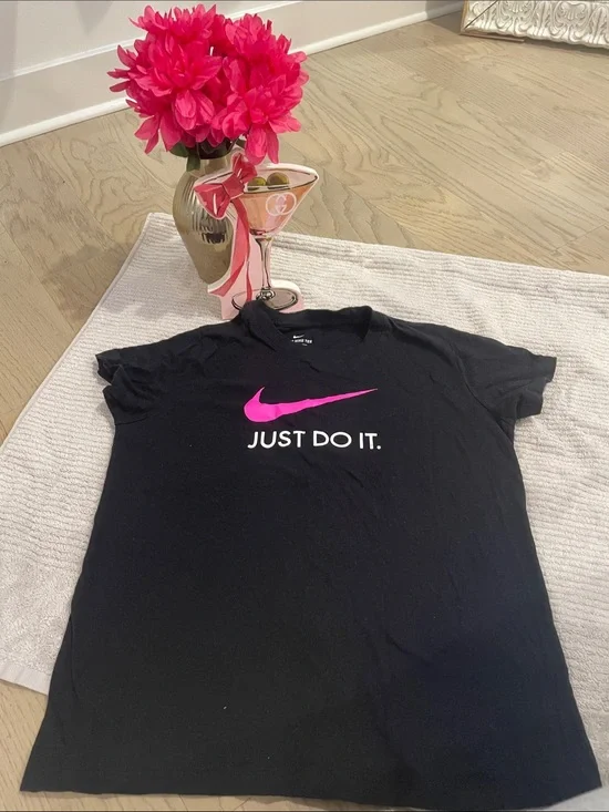 Nike Black Tee with Pink Swoosh and White Text