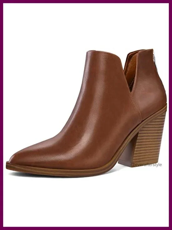 Women's Ankle Boots Slip on Cutout Pointed Toe Chunky Mid Heel Booties with