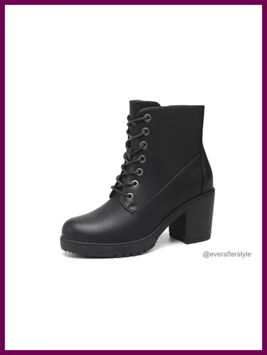 Chunky Heel Ankle Boots Lace-Up Side Zipper PU Leather Booties