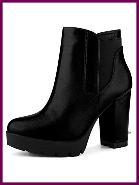 Chunky Heel Chelsea Boots Platform Round Toe Zip Up Block Heel Faux Leather