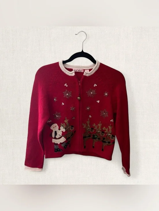 Derek Heart Kids Red Zip-Up Holiday Sweater with Santa & Reindeer