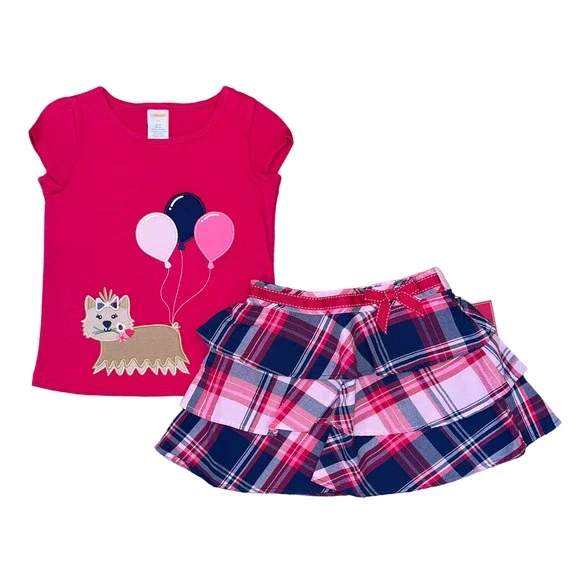 NWT Gymboree Pink & Navy Embroidered Puppy Top & Plaid Tiered Skort -SIZE 12-18M
