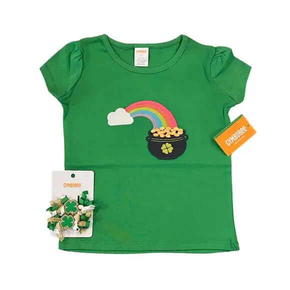 NWT Gymboree Green W/Embroidered Rainbow Top & Shamrock Hair Clips