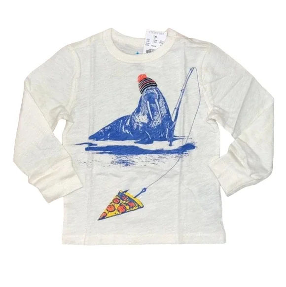 **NWT J. Crew Boys' Ivory W/Fishing Pizza Walrus Graphic Long Sleeve Tee -2